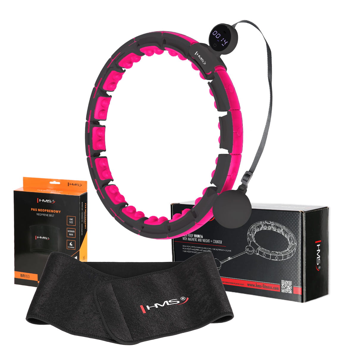 ZESTAW HULA HOP MAGNETYCZNY BLACK/PINK Z LICZNIKIEM HMS HHM16 + PAS WYSZCZUPLAJĄCY BR163 BLACK
