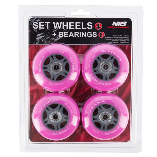 ZESTAW KÓŁEK PU 76x24 82A (4szt.) RÓŻOWE + ABEC-7 (8szt.)  NILS EXTREME