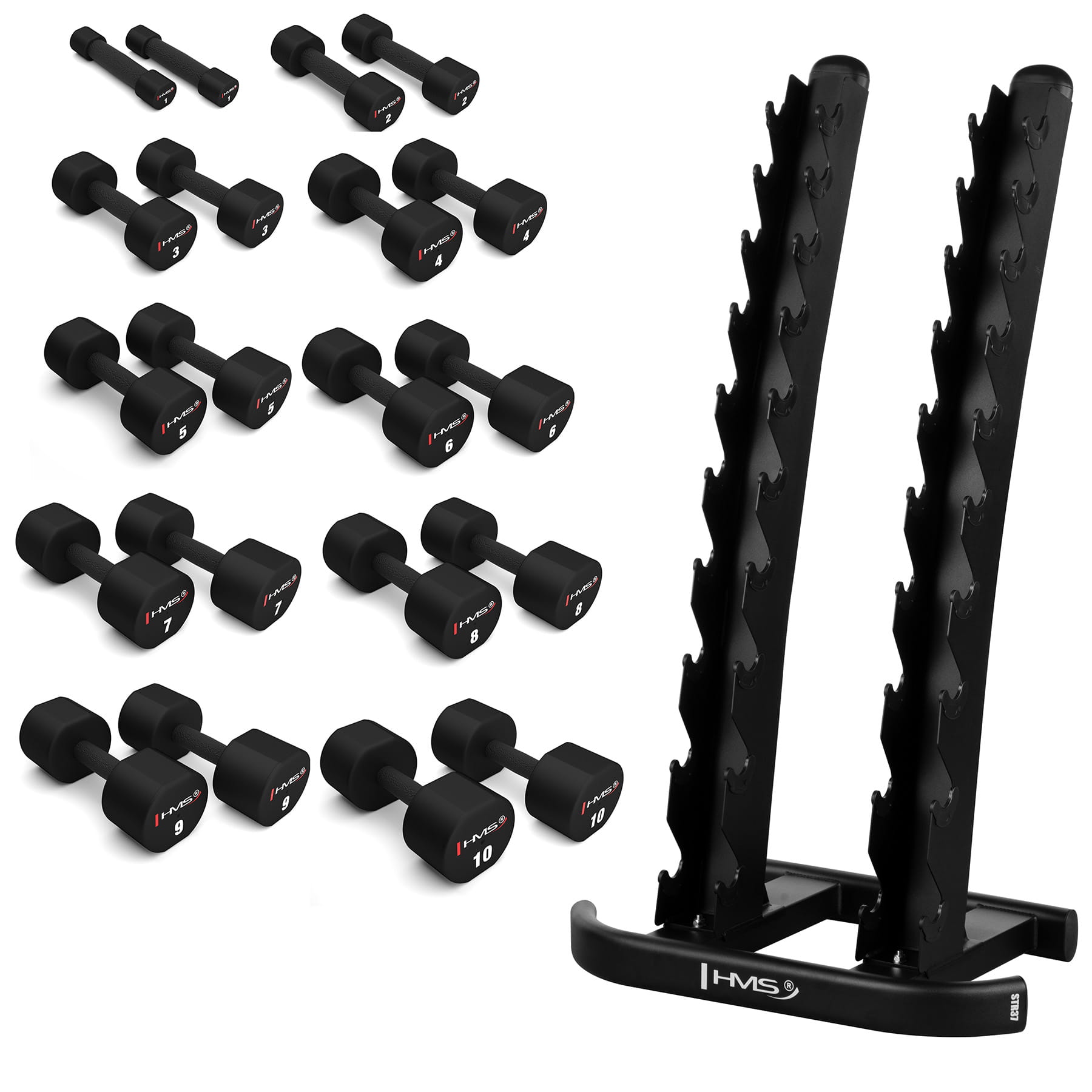 ZESTAW HANTLI POLIURETANOWYCH HPT 2 x 1 - 10 KG (110 KG) + STOJAK HMS STR37
