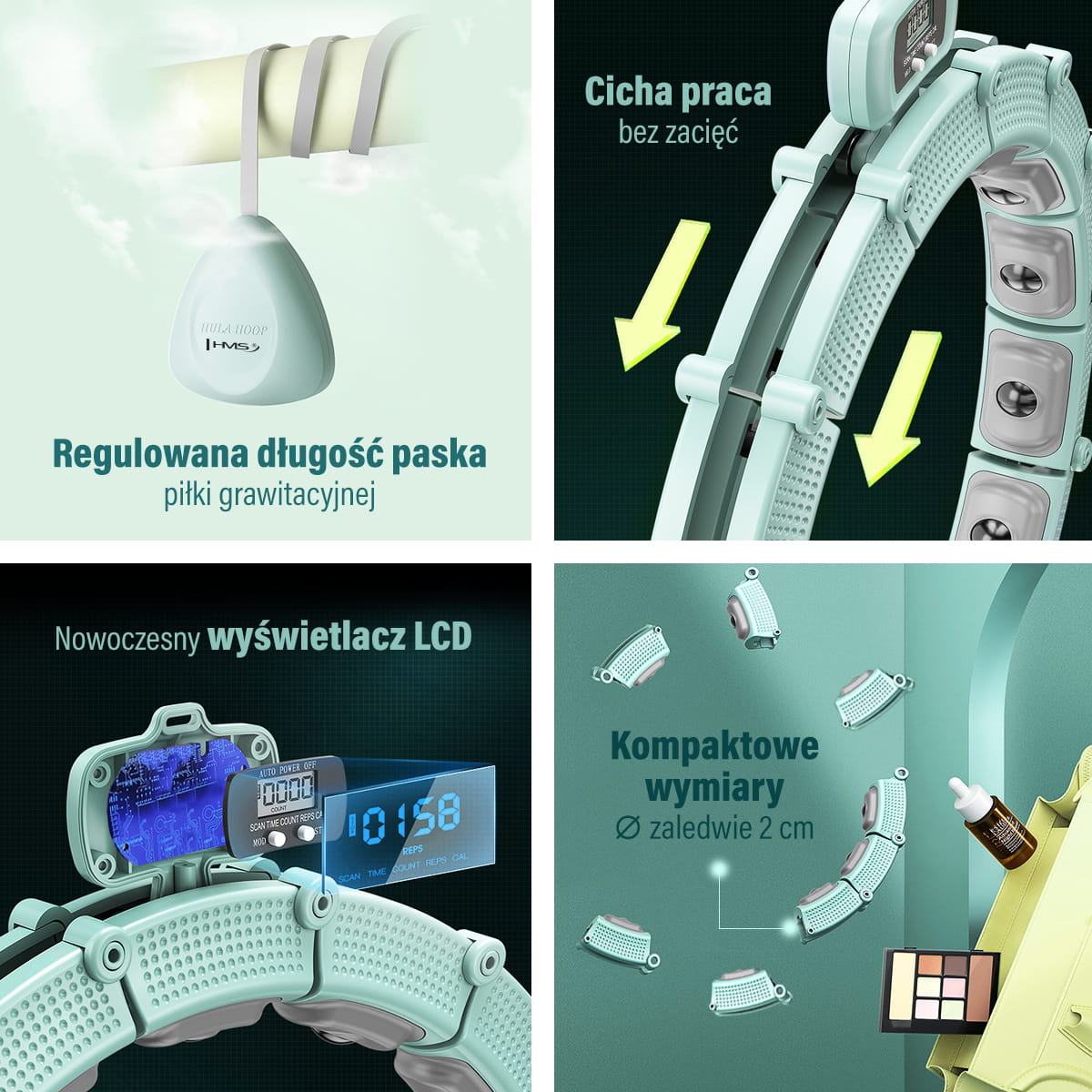 Hula hop magnetyczny zielony HMS HHM14 z wyświetlaczem LCD i obciążeniem