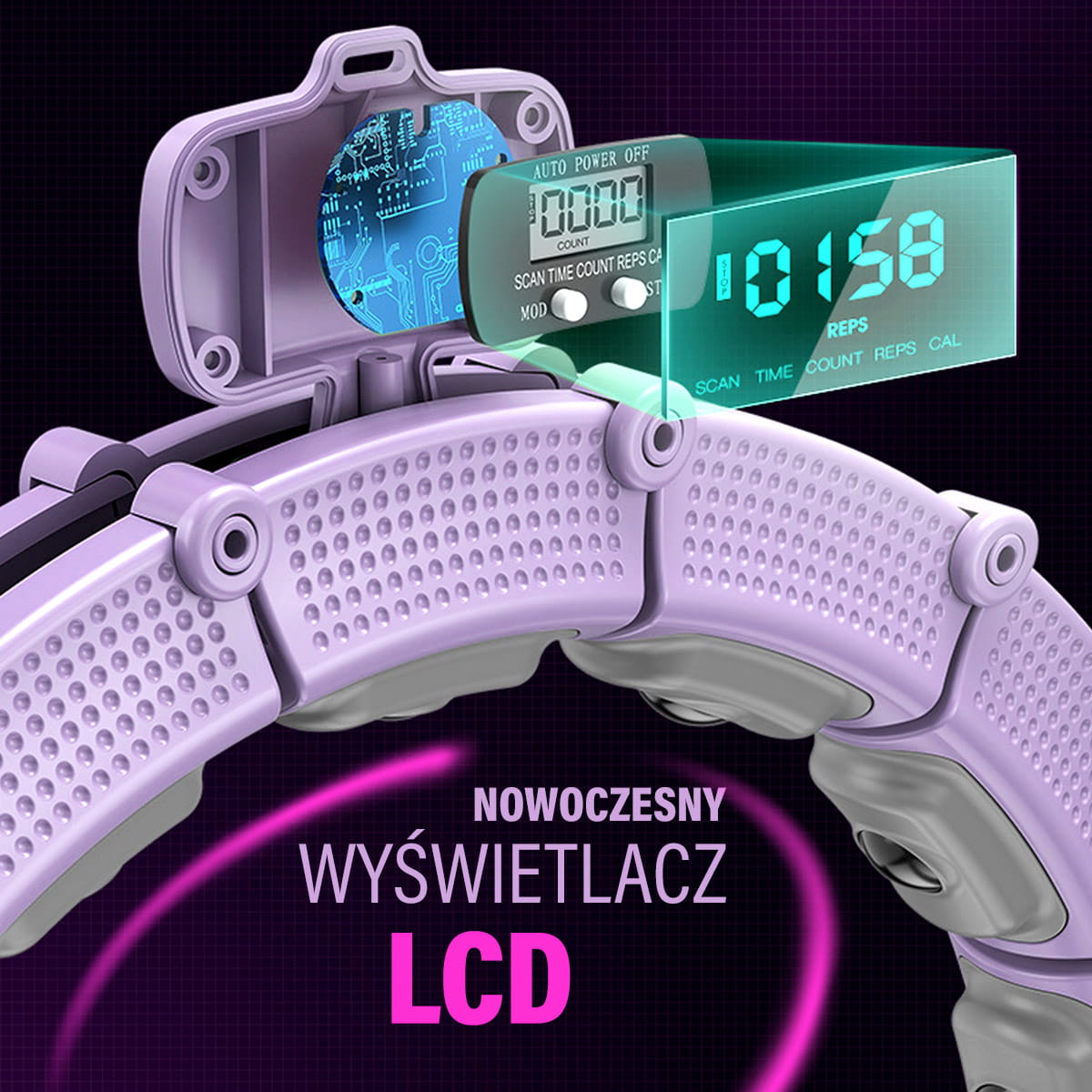 Hula hop magnetyczny fioletowy HMS HHM14 z wyświetlaczem LCD i obciążeniem