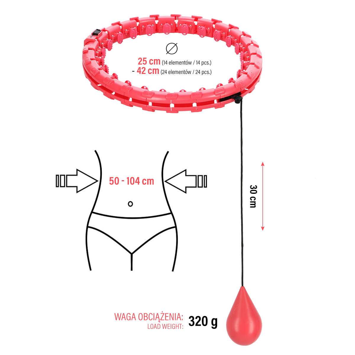 ZESTAW HULA HOP OHA01 RED Z WYPUSTKAMI I OBCIĄŻNIKIEM ONE FITNESS + PAS BR125
