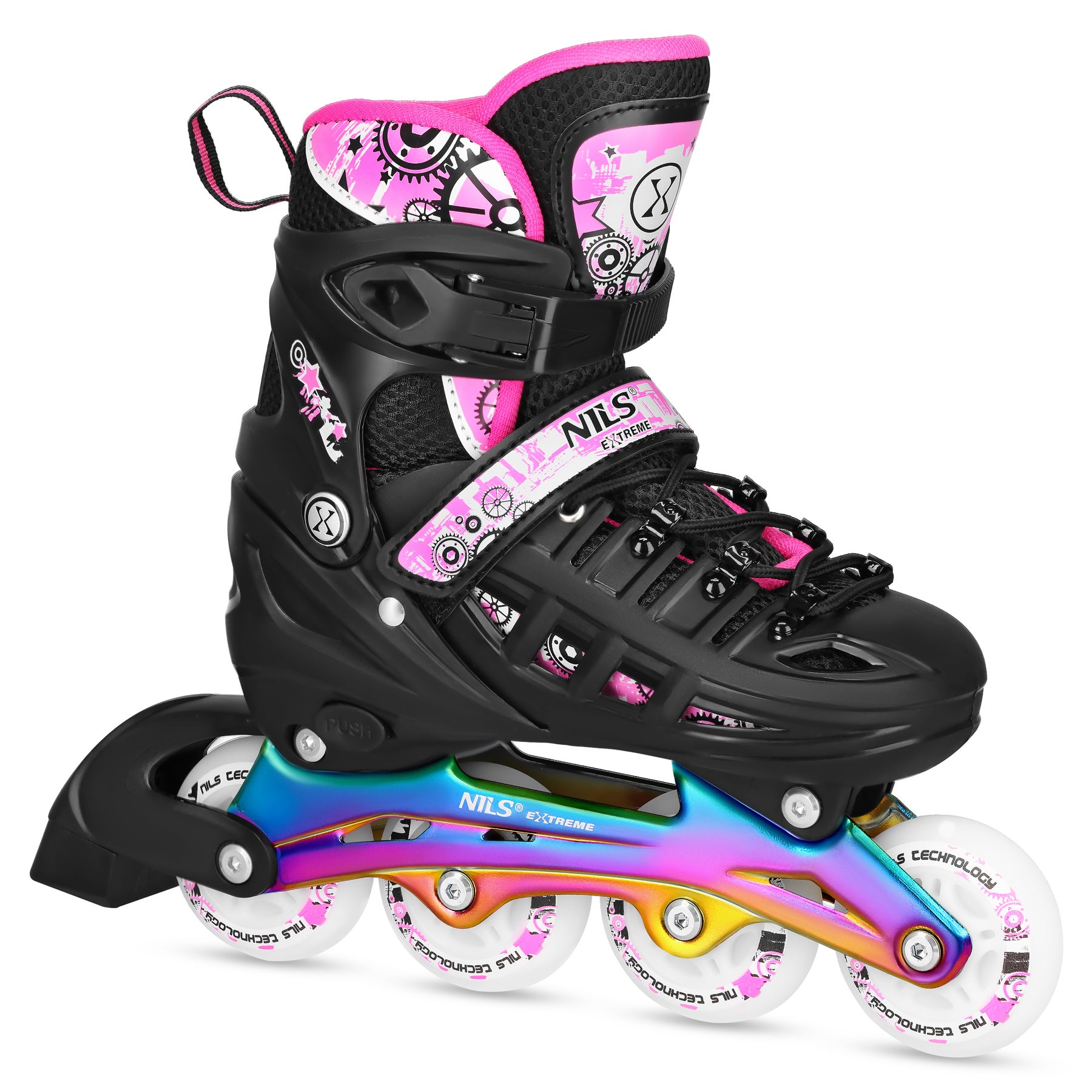 ŁYŻWOROLKI 4w1 LED RÓŻOWE Z WYM. PŁOZĄ HOKEJOWĄ RAINBOW ROZM. S(31-34) NILS EXTREME NH10905