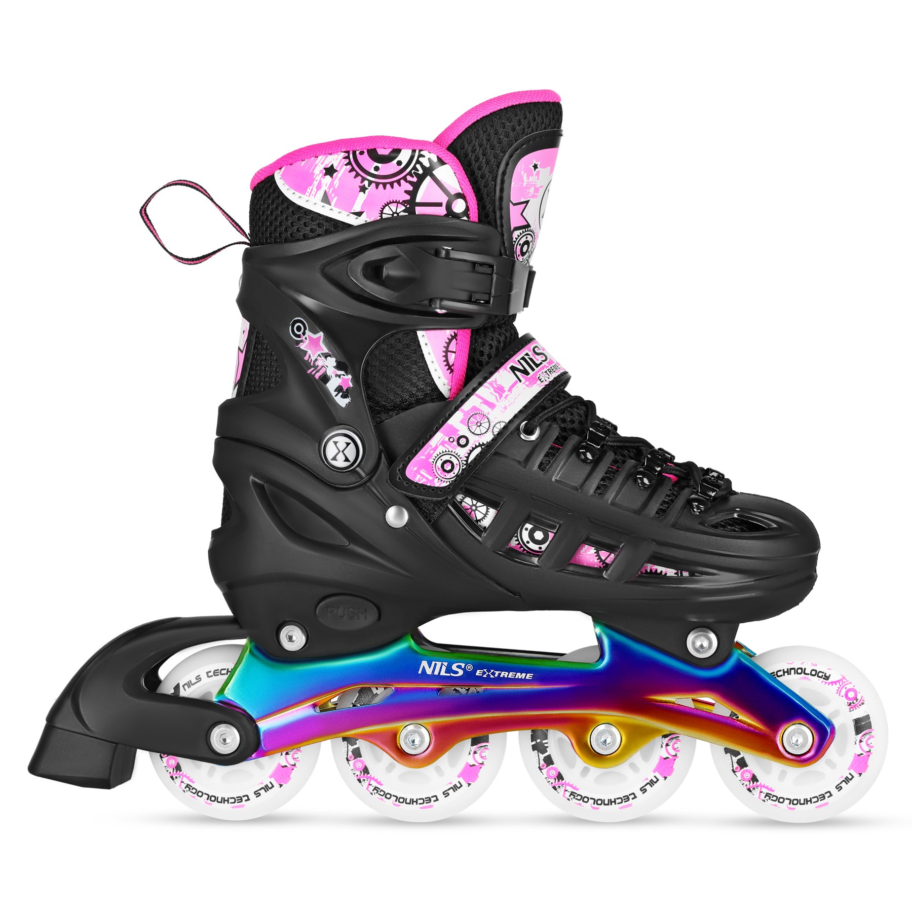 ŁYŻWOROLKI 4w1 LED RÓŻOWE Z WYM. PŁOZĄ HOKEJOWĄ RAINBOW ROZM. S(31-34) NILS EXTREME NH10905