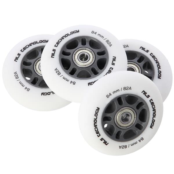 ZESTAW KÓŁEK PU 84x24 82A BIAŁE MATOWE (4 szt.) + ABEC-9 CHROME (8 szt.) NILS EXTREME