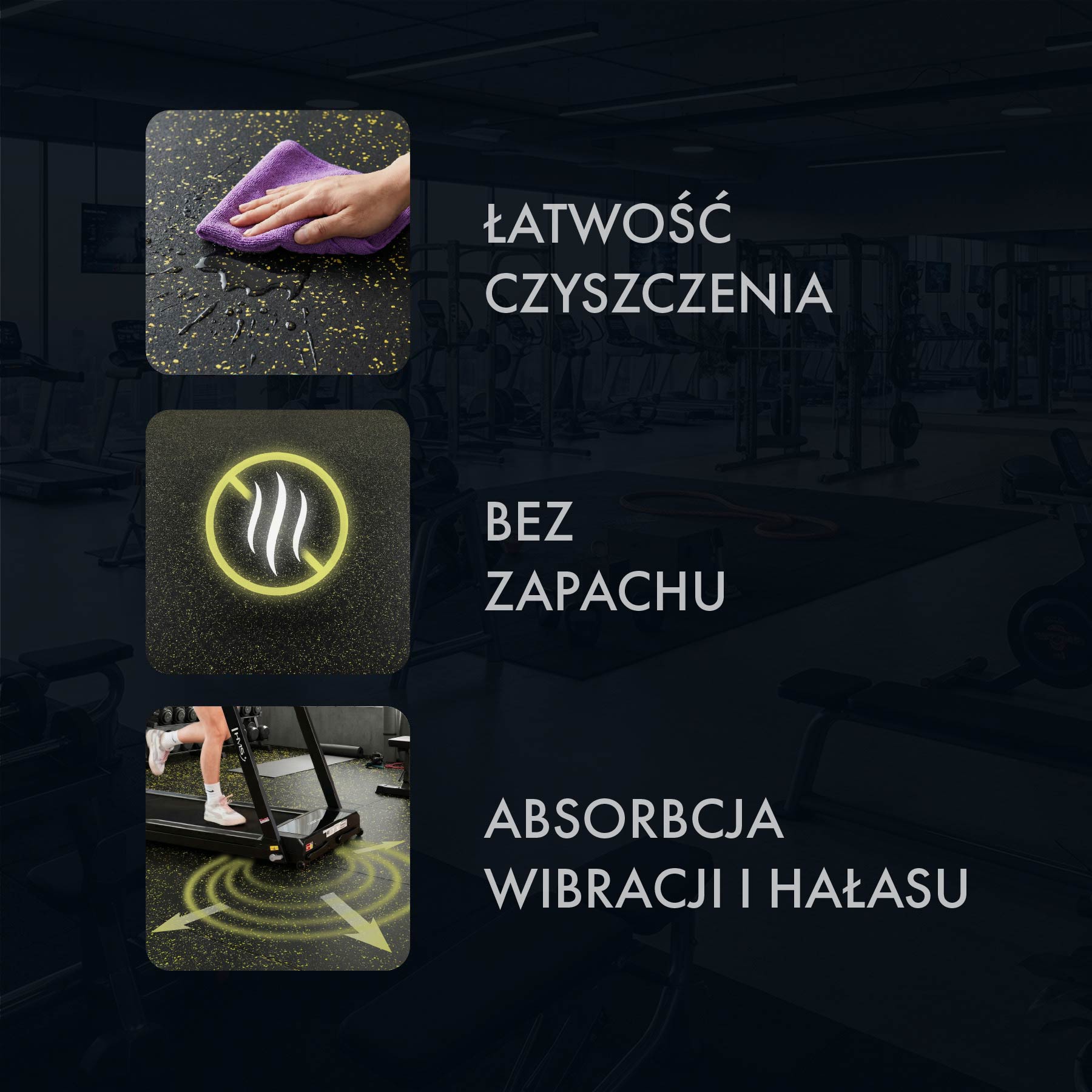 POS35 PODŁOGA GUMOWA POD SPRZĘT FITNESS Z WYPUSTKAMI BLACK/YELLOW II GATUNEK