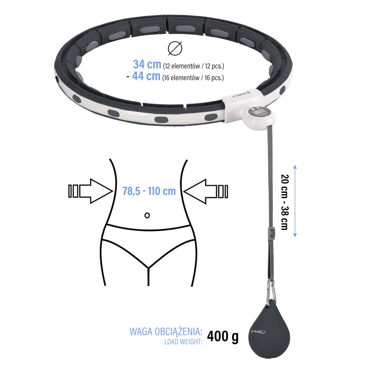 ZESTAW HULA HOP MAGNETYCZNY BLACK Z LICZNIKIEM HMS HHM15 + PAS WYSZCZUPLAJĄCY RED BR163
