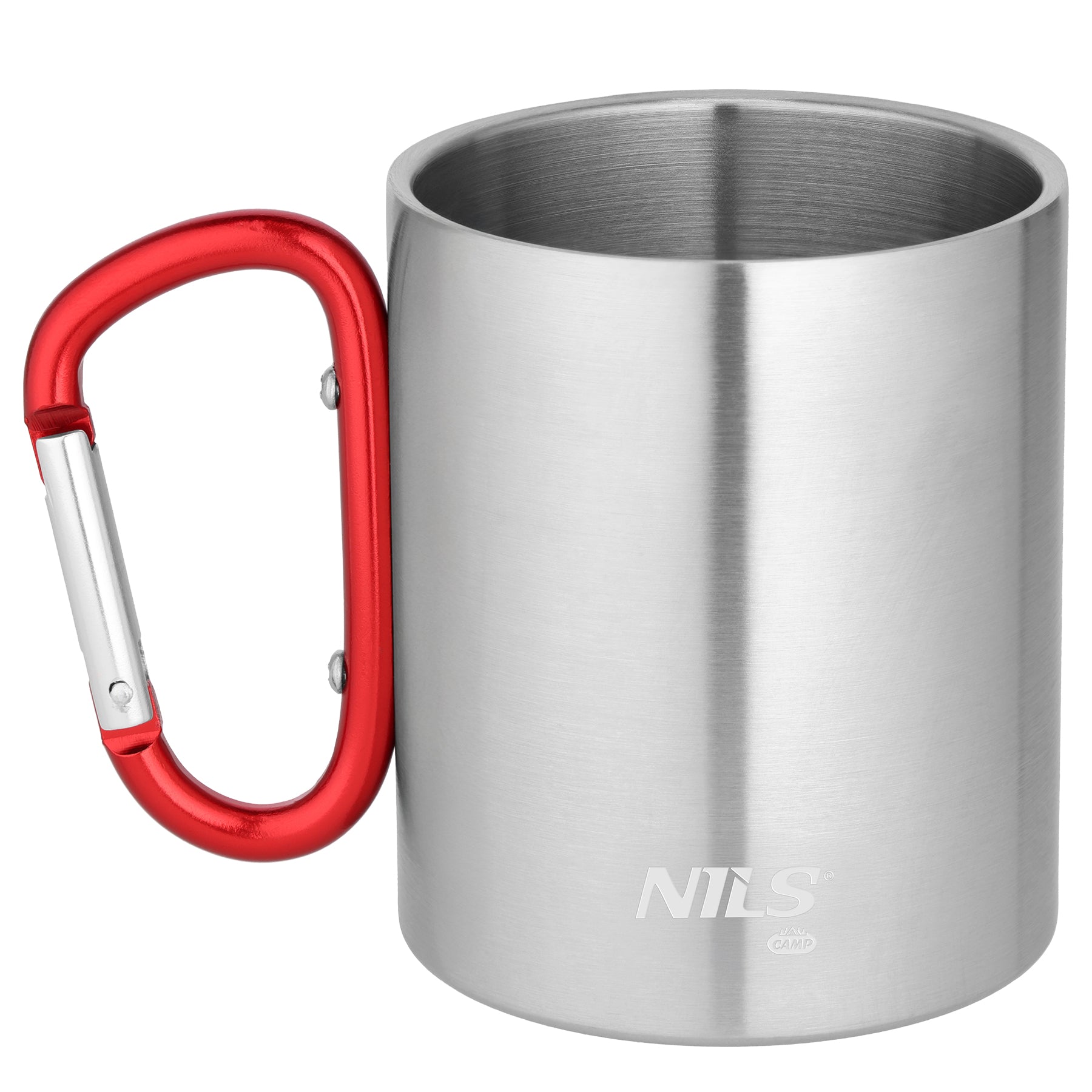 KUBEK KEMPINGOWY Z KARABIŃCZYKIEM 330 ML STAL NIERDZEWNA CZERWONY NILS CAMP NC17110
