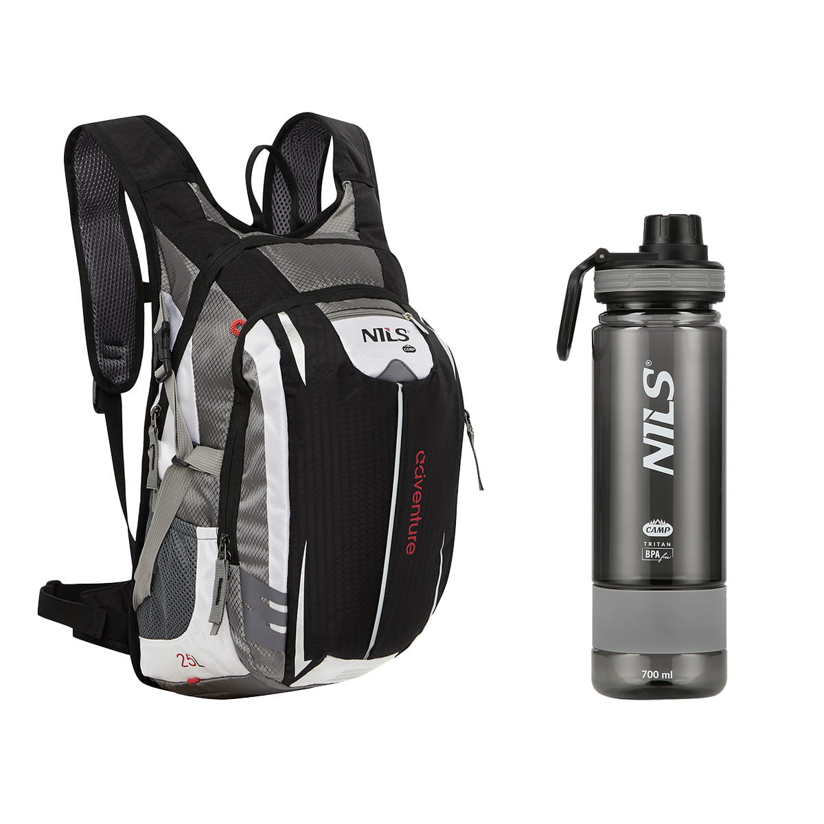 ZESTAW PLECAK CZARNY ADVENTURE 25L NC1766 + NCD07 BUTELKA SZARA TRITANOWA NILS CAMP