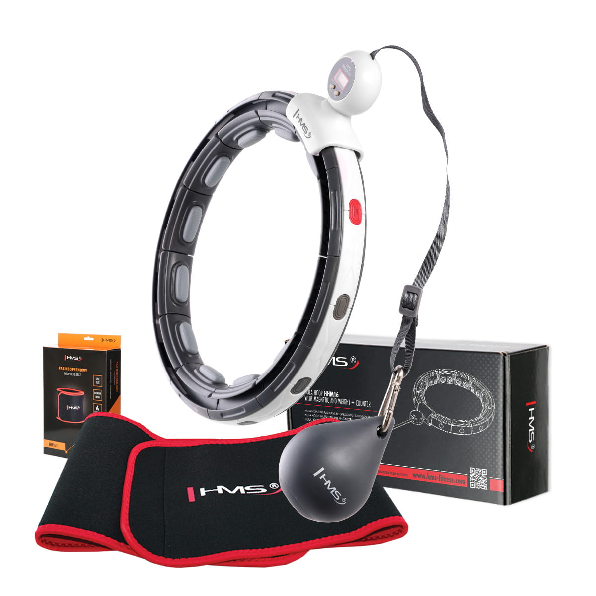 ZESTAW HULA HOP MAGNETYCZNY BLACK Z LICZNIKIEM HMS HHM15 + PAS WYSZCZUPLAJĄCY RED BR163