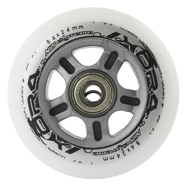 ZESTAW KÓŁEK PU 84x24 82A BIAŁE (4 szt.) + ABEC-7 CHROME (8 szt.) NILS EXTREME