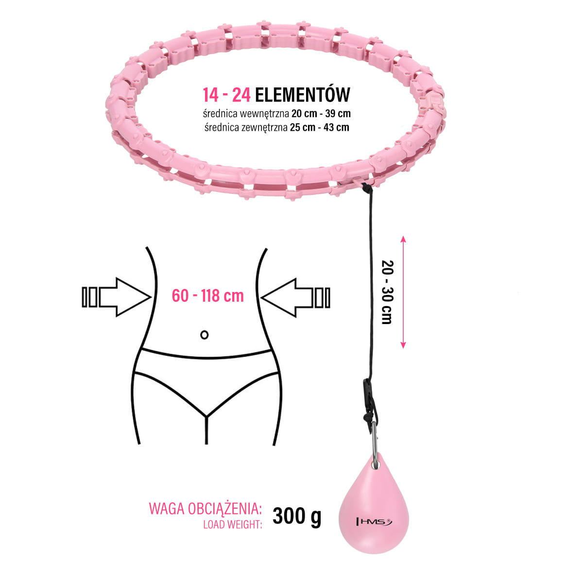 ZESTAW HULA HOP HHW02 LIGHT PINK Z WYPUSTKAMI I OBCIĄŻNIKIEM HMS + PAS BR163 BLACK