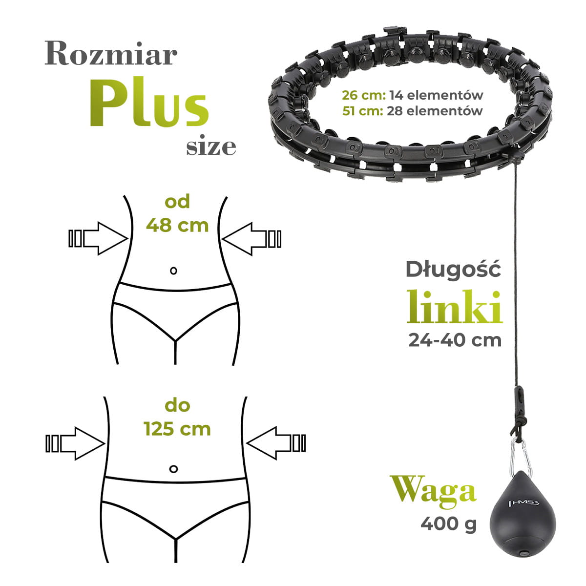 Hula hop HMS HHW12 Plus Size czarne z obciążeniem i regulacją obwodu