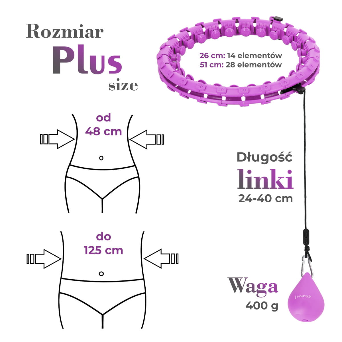 Hula hop HMS HHW12 Plus Size różowe z obciążeniem i regulacją obwodu