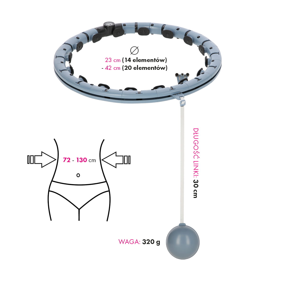 ZESTAW REGULOWANY HULA HOP PLUS SIZE FH07 GRAY Z OBCIĄŻNIKEIM I LICZNIKIEM + PAS BR125