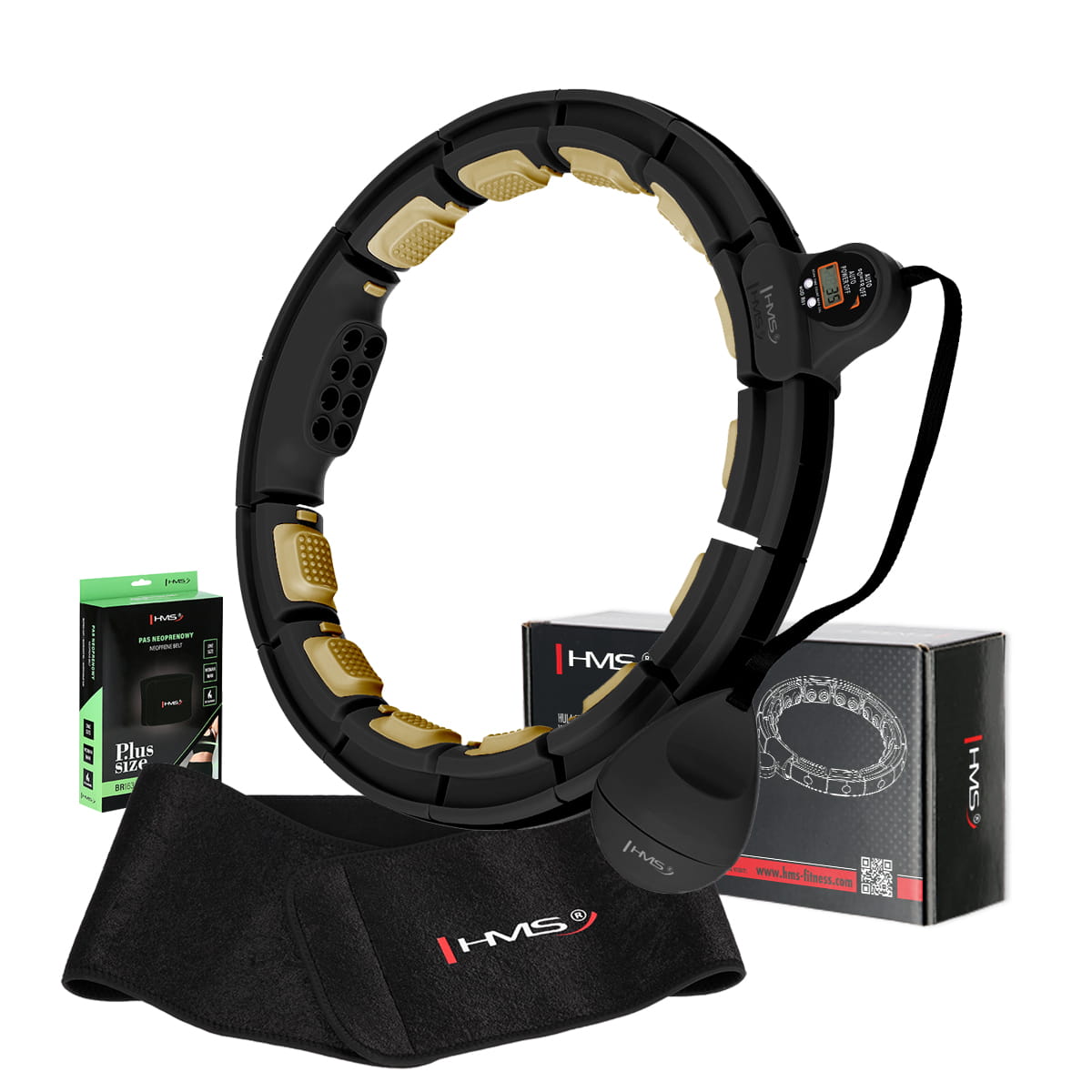ZESTAW HULA HOP MAGNETYCZNY BLACK/GOLD HHM13 Z LICZNIKIEM HMS + PAS BR163 BLACK PLUS SIZE