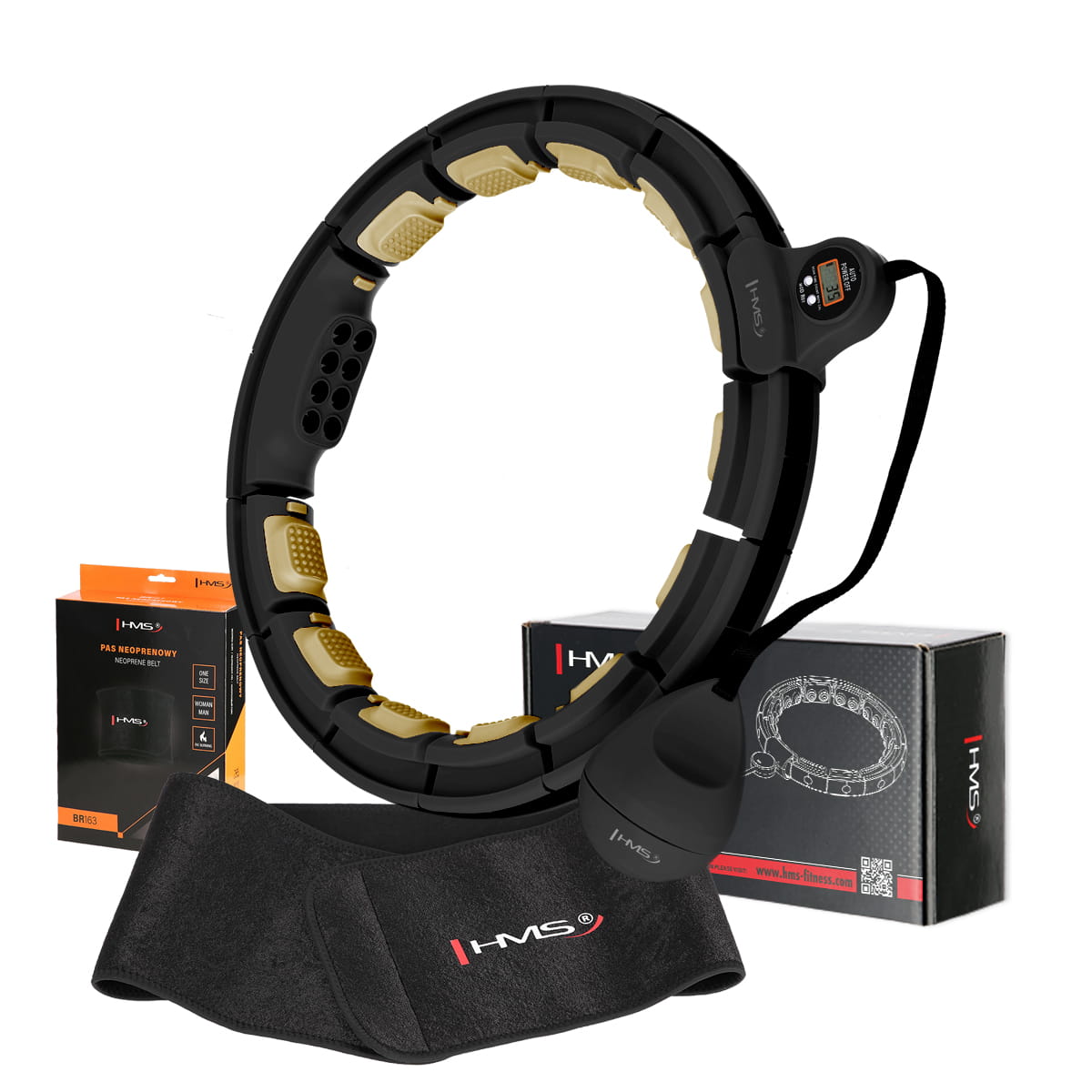 ZESTAW HULA HOP MAGNETYCZNY BLACK HHM13 Z LICZNIKIEM HMS + PAS WYSZCZUPLAJĄCY BR163 BLACK