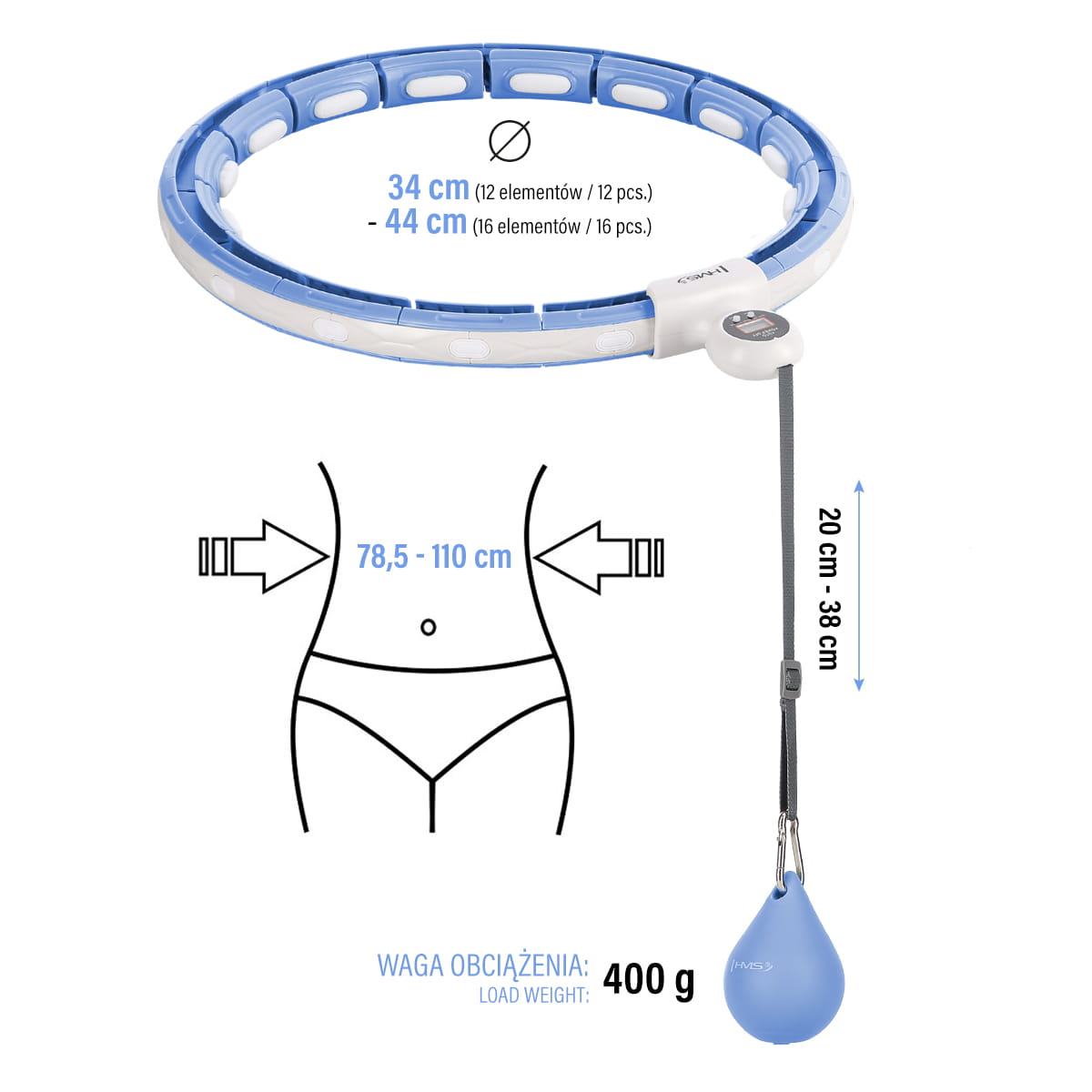 HULA HOP BLUE Z MAGNESEM I OBCIĄŻNIKIEM + LICZNIK HMS HHM15