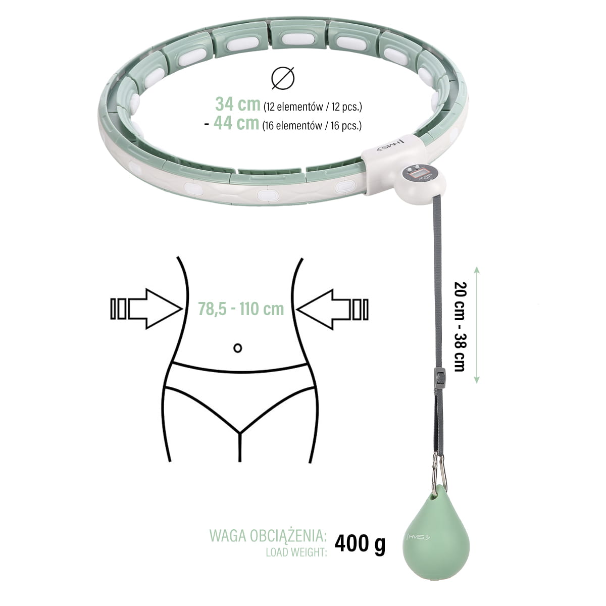 HULA HOP GREEN Z MAGNESEM I OBCIĄŻNIKIEM + LICZNIK HMS HHM15
