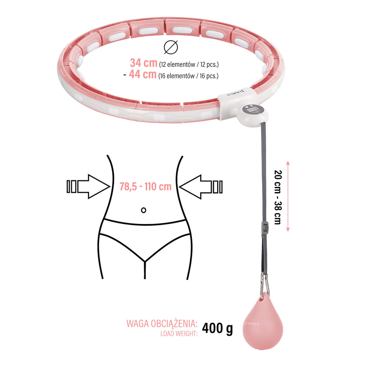 HULA HOP PINK Z MAGNESEM I OBCIĄŻNIKIEM + LICZNIK HMS HHM15