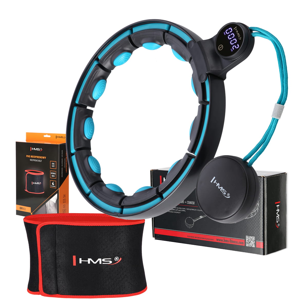 ZESTAW HULA HOP MAGNETYCZNY BLACK/TURQUOISE Z LICZNIKIEM HMS HHM17 + PAS WYSZCZUPLAJĄCY RED BR163