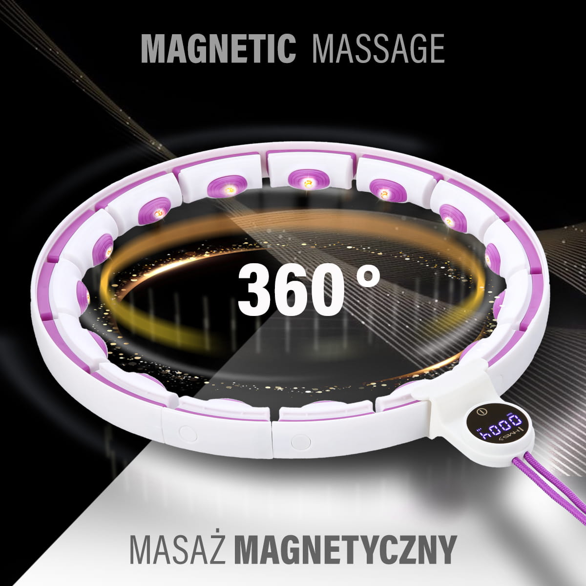 ZESTAW HULA HOP MAGNETYCZNY WHITE/VIOLET Z LICZNIKIEM HMS HHM17 + PAS WYSZCZUPLAJĄCY BLACK BR163