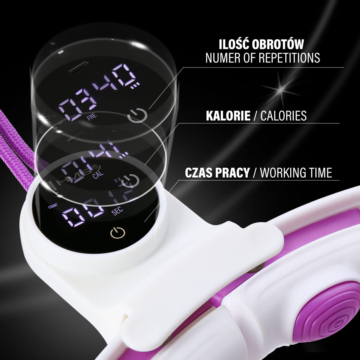 ZESTAW HULA HOP MAGNETYCZNY WHITE/VIOLET Z LICZNIKIEM HMS HHM17 + PAS WYSZCZUPLAJĄCY BLACK BR163