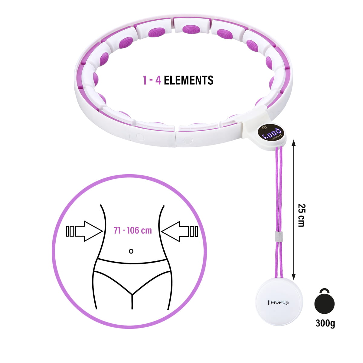 ZESTAW HULA HOP MAGNETYCZNY WHITE/VIOLET Z LICZNIKIEM HMS HHM17 + PAS WYSZCZUPLAJĄCY BLACK BR163