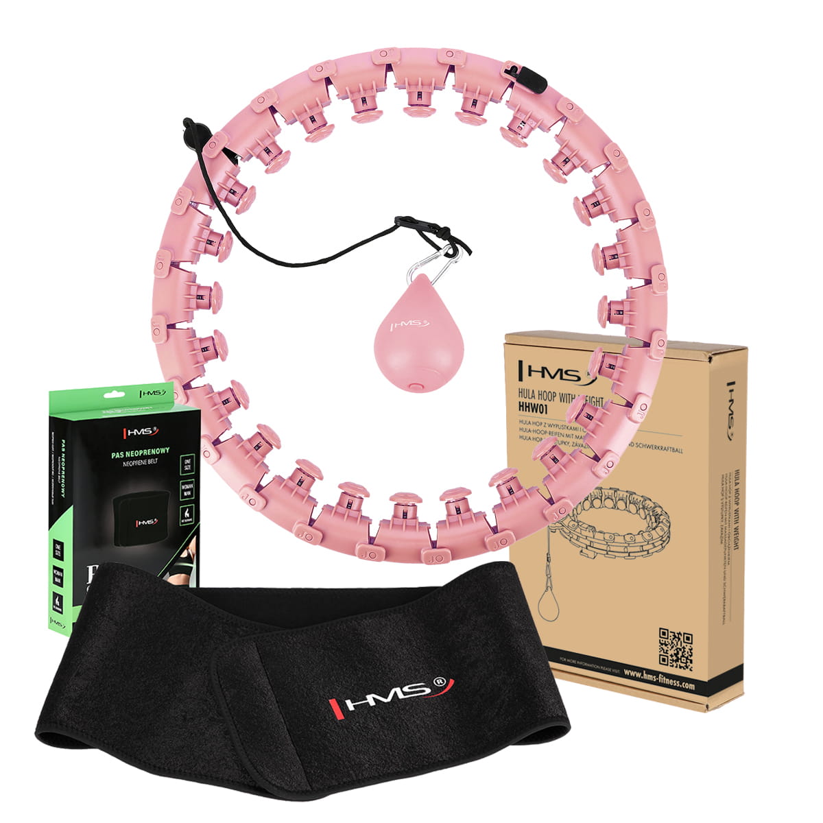ZESTAW HULA HOP HHW01 PINK Z WYPUSTKAMI I OBCIĄŻNIKIEM HMS + PAS BR163 BLACK PLUS SIZE