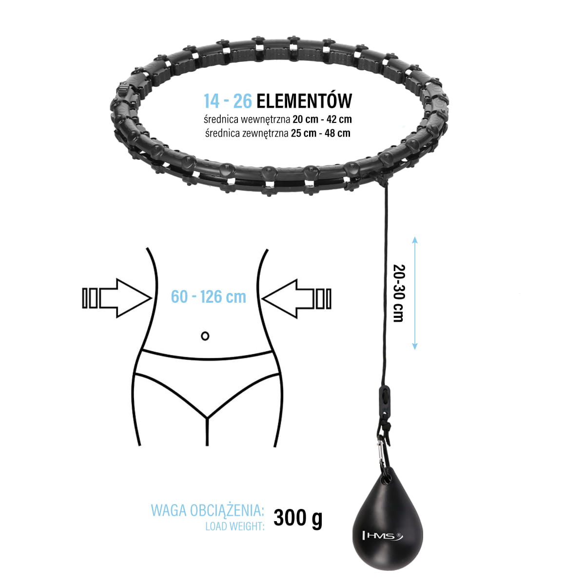 Hula hop HMS HHW11 Plus Size czarne z obciążeniem i regulacją obwodu