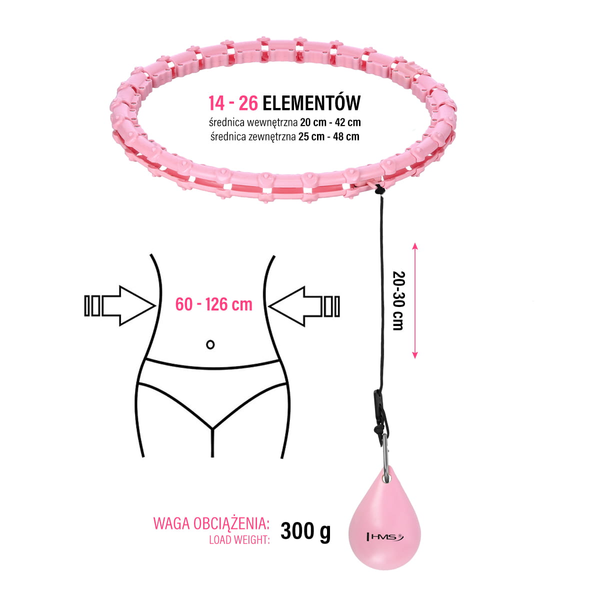 Hula hop HMS HHW11 Plus Size różowe z obciążeniem i regulacją obwodu