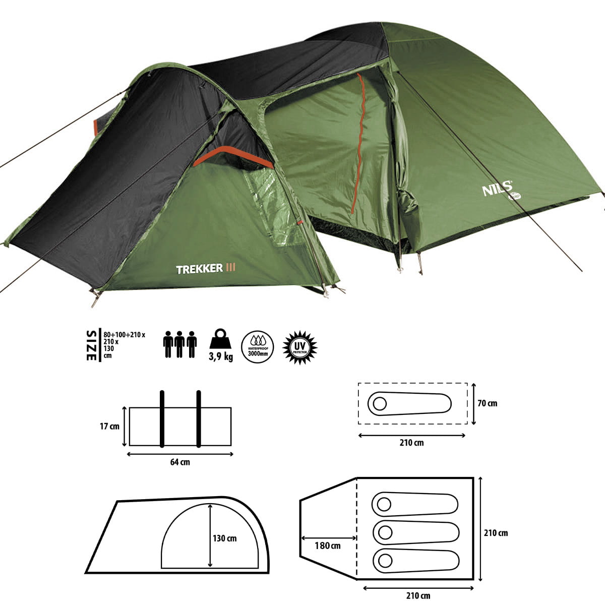 NAMIOT KAMPINGOWY 3-OSOBOWY Z PRZEDSIONKIEM ZIELONY NILS CAMP TREKKER III NC6312
