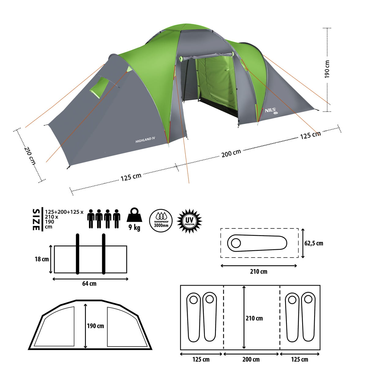 NAMIOT KAMPINGOWY 4-OSOBOWY Z PRZEDSIONKIEM ZIELONY NILS CAMP HIGHLAND IV NC6431
