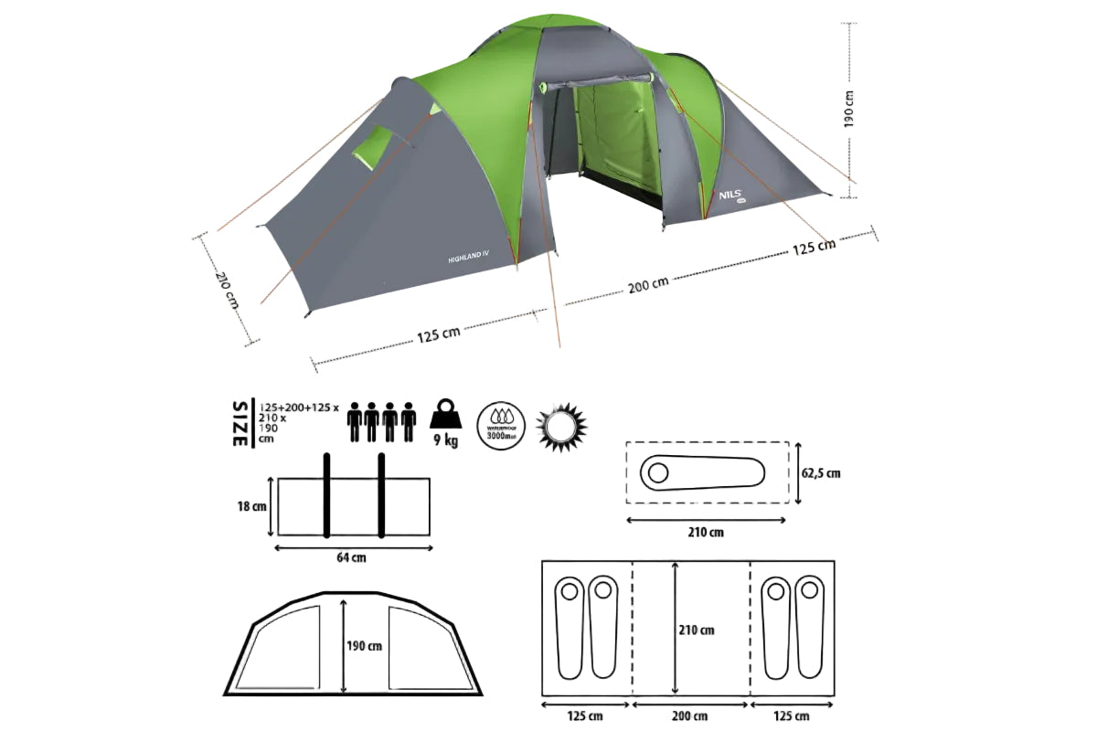 Namiot Turystyczny NILS CAMP NC6431 Highland IV Zielony  4-osobowy 4000 mm Outlet