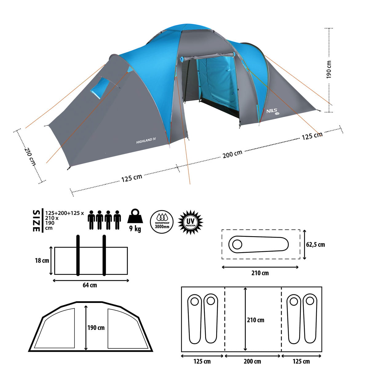 NAMIOT KAMPINGOWY 4-OSOBOWY Z PRZEDSIONKIEM ZIELONY NILS CAMP HIGHLAND IV NC6431
