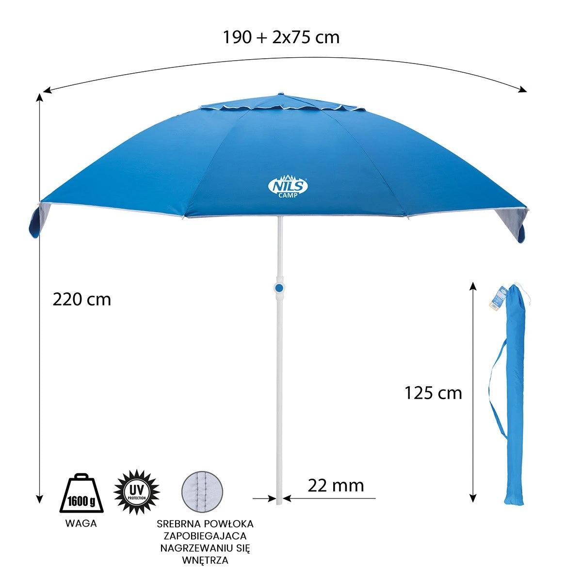 Parasol plażowy NILS CAMP NC7822 XL z klapami bocznymi i ochroną UV SPF 40+