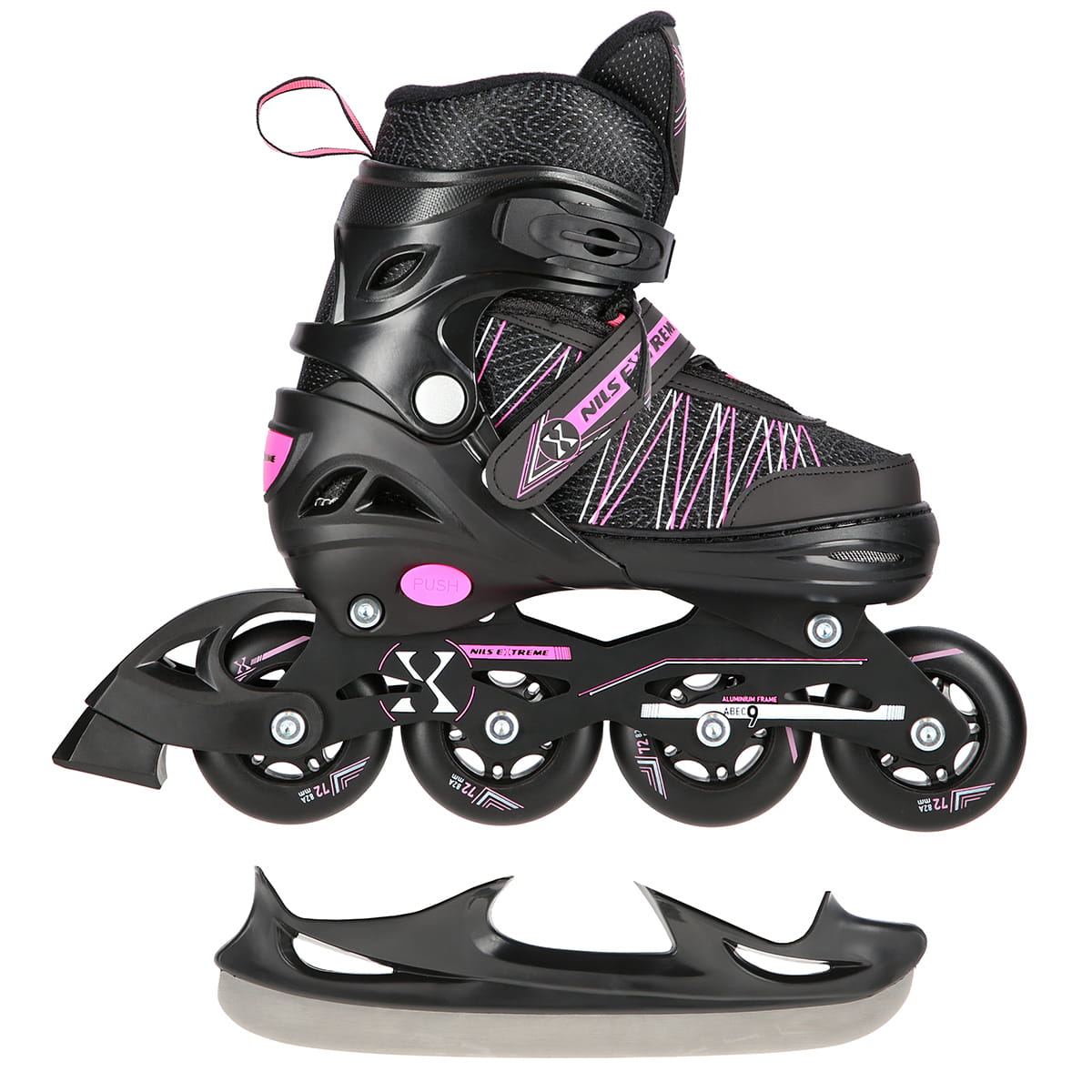 ŁYŻWOROLKI Z WYM. PŁ. HOKEJOWĄ NILS EXTREME NH11912 A 2w1 BLACK/PINK