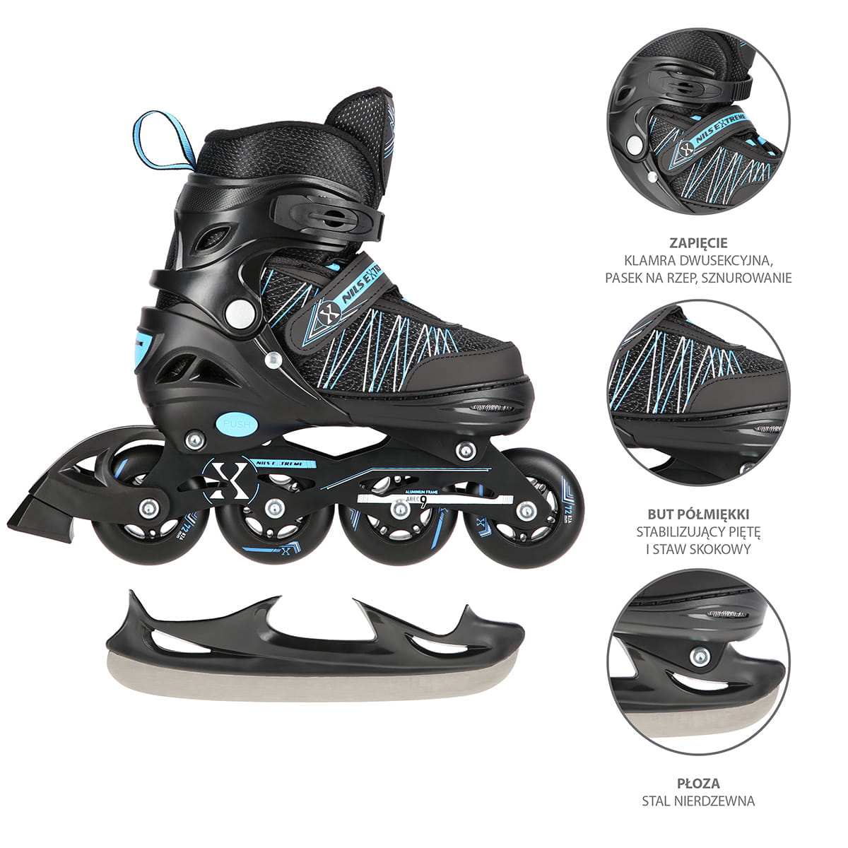 ŁYŻWOROLKI Z WYM. PŁ. HOKEJOWĄ NILS EXTREME NH11912 A 2w1 BLACK/BLUE