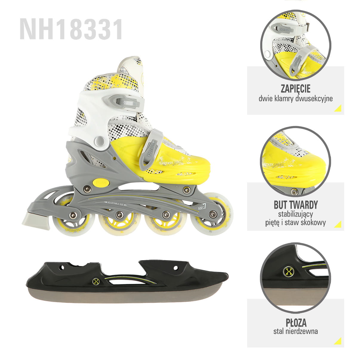 ŁYŻWOROLKI Z WYM. PŁOZĄ HOKEJOWĄ NH18331 4w1 LIMONKOWY NILS EXTREME