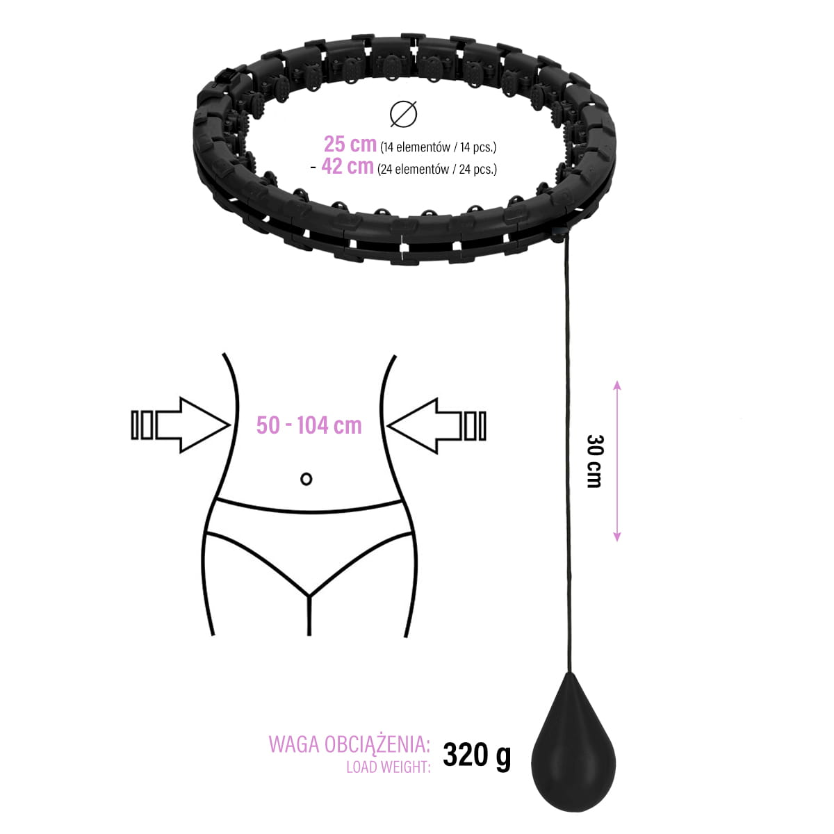 ZESTAW HULA HOP OHA01 BLACK Z WYPUSTKAMI I OBCIĄŻNIKIEM ONE FITNESS + PAS BR125