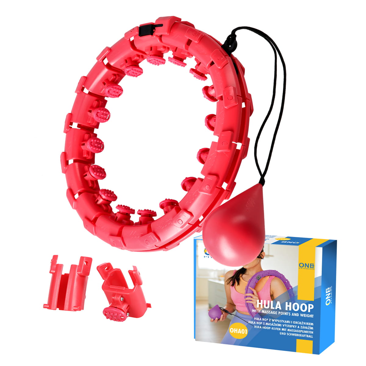 ZESTAW HULA HOP OHA01 RED Z WYPUSTKAMI I OBCIĄŻNIKIEM ONE FITNESS + PAS BR125