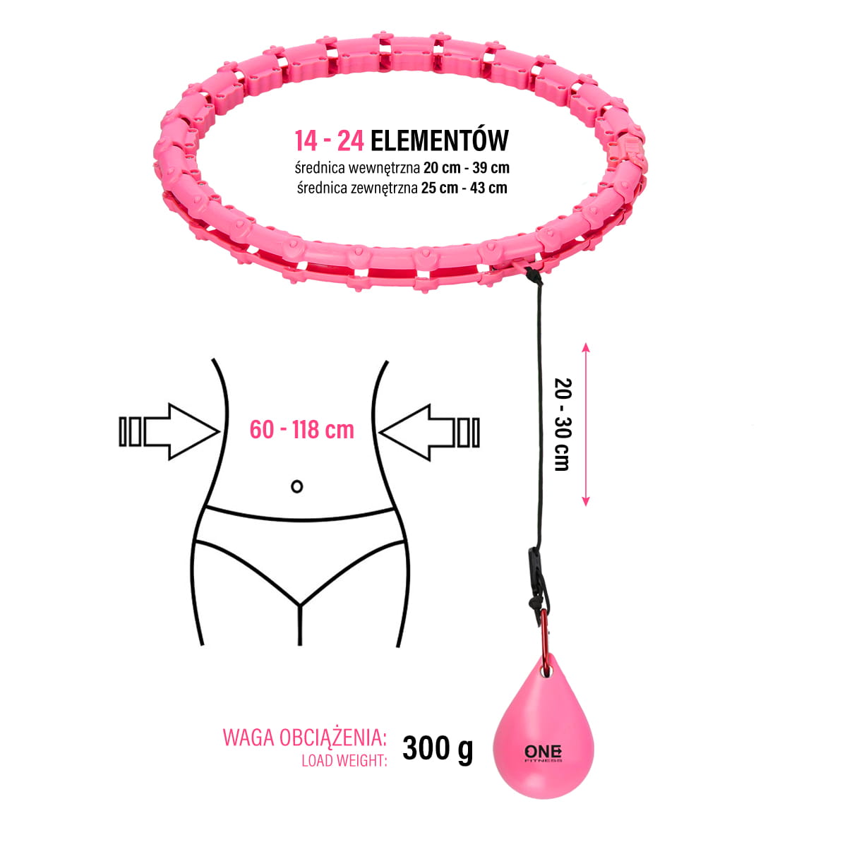 ZESTAW HULA HOP OHA02 PINK Z WYPUSTKAMI I OBCIĄŻNIKIEM ONE FITNESS + PAS BR125