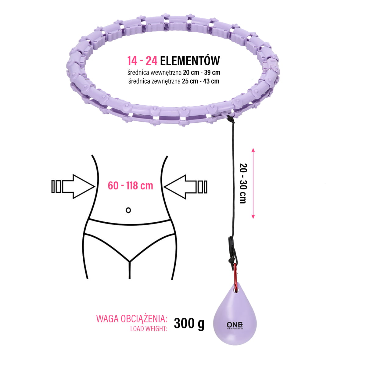 ZESTAW HULA HOP OHA02 VIOLET Z WYPUSTKAMI I OBCIĄŻNIKIEM ONE FITNESS + PAS BR125