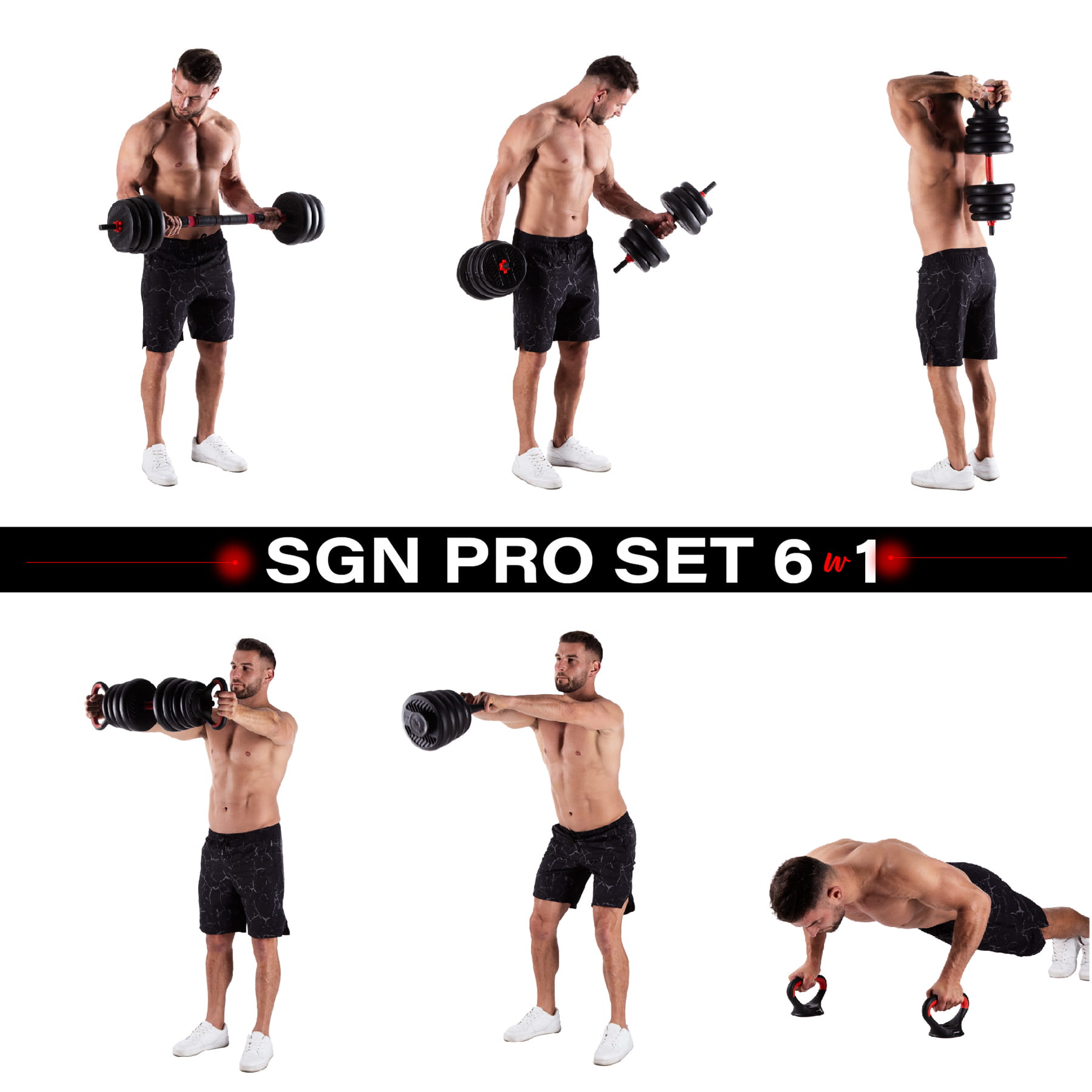 Zestaw treningowy HMS SGN 6w1 hantle, sztanga, kettlebell i podpórki do pompek