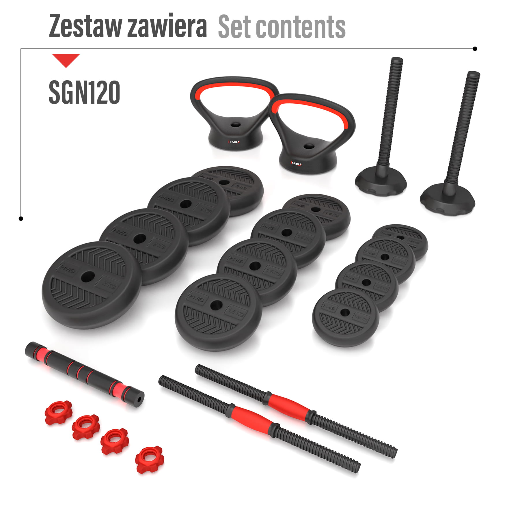 Zestaw treningowy HMS SGN 6w1 hantle, sztanga, kettlebell i podpórki do pompek