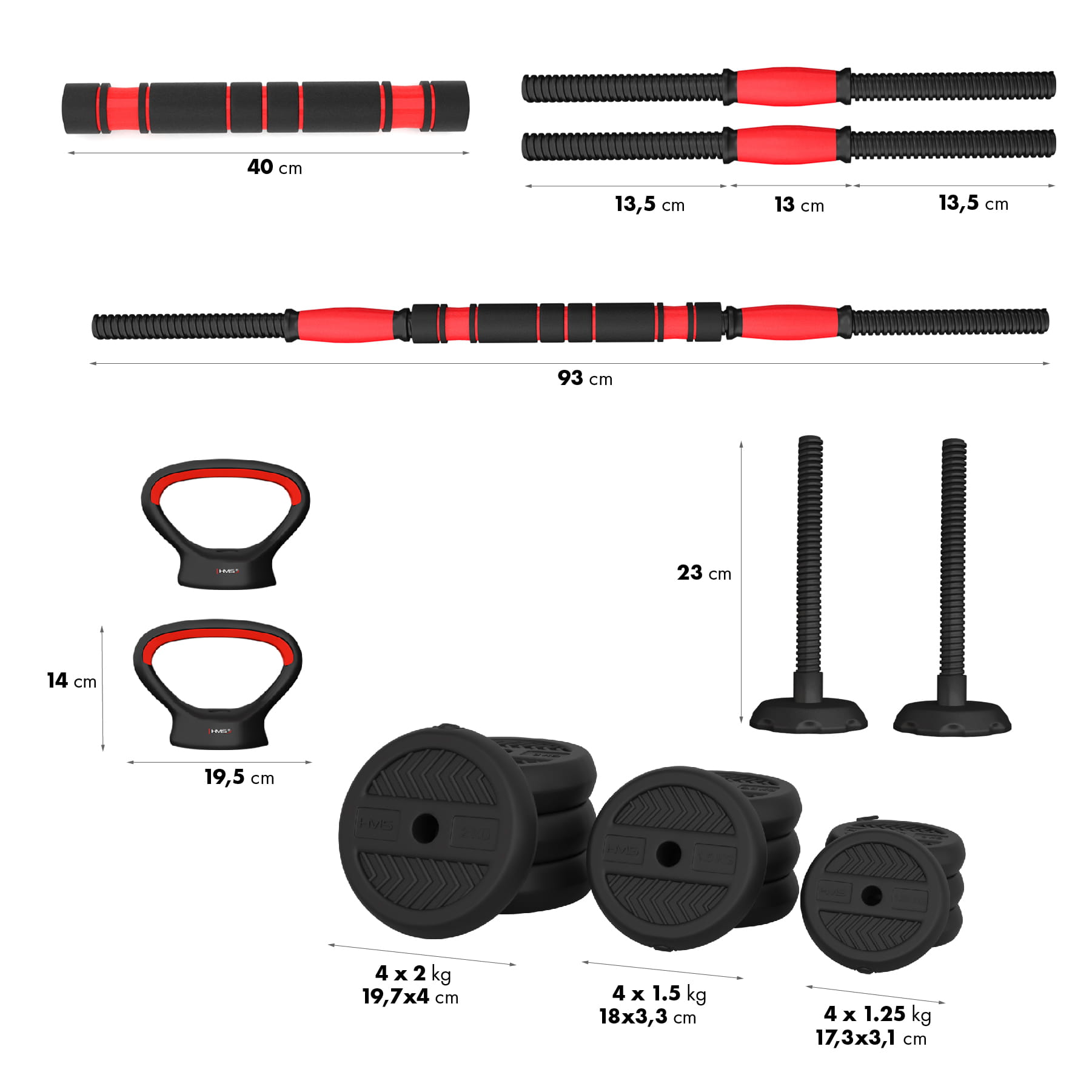 Zestaw treningowy HMS SGN 6w1 hantle, sztanga, kettlebell i podpórki do pompek