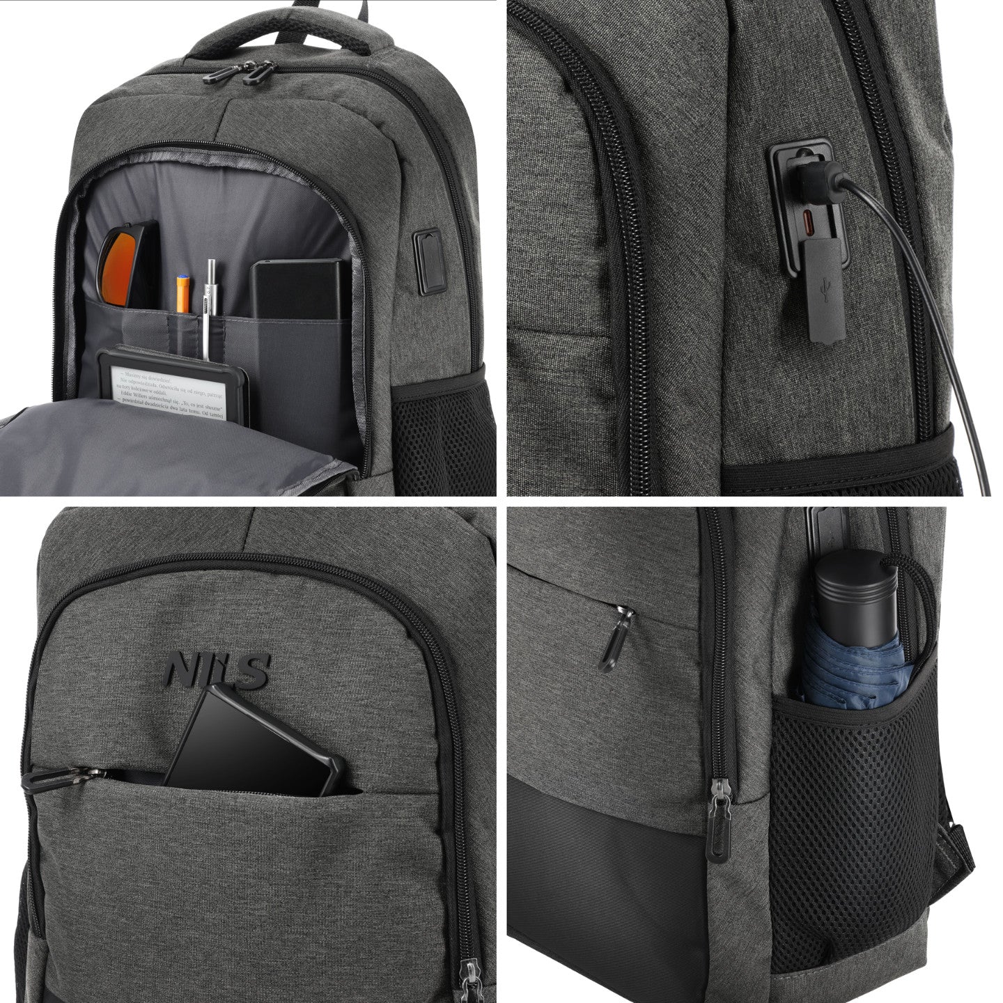 PLECAK MIEJSKI NA LAPTOPA SZARY Z PORTEM USB 18L NILS NC4503