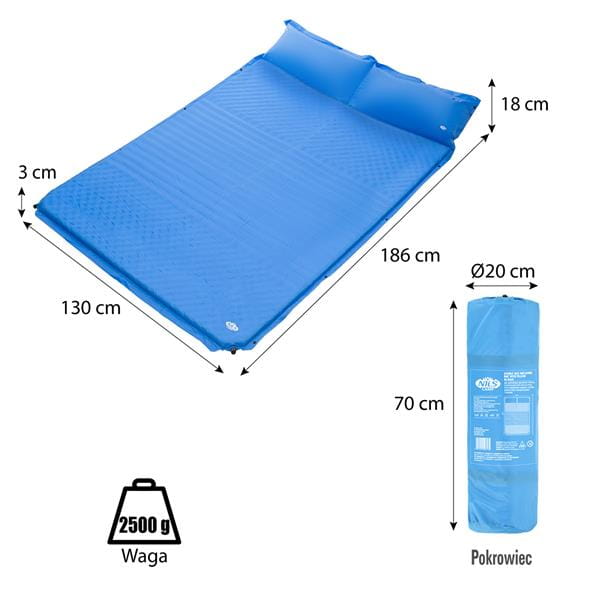 MATA SAMOPOMPUJĄCA DWUOSOBOWA Z PODUSZKĄ NIEBIESKA 186x130cm NILS CAMP NC4060