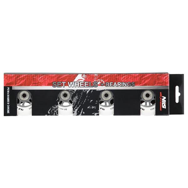ZESTAW KÓŁEK PU 84x24 82A BIAŁE MATOWE (4 szt.) + ABEC-9 CHROME (8 szt.) NILS EXTREME