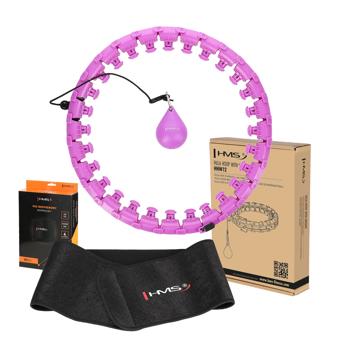 ZESTAW HULA HOP HHW12 VIOLET Z WYPUSTKAMI I OBCIĄŻNIKIEM HMS + PAS BR163 BLACK PLUS SIZE